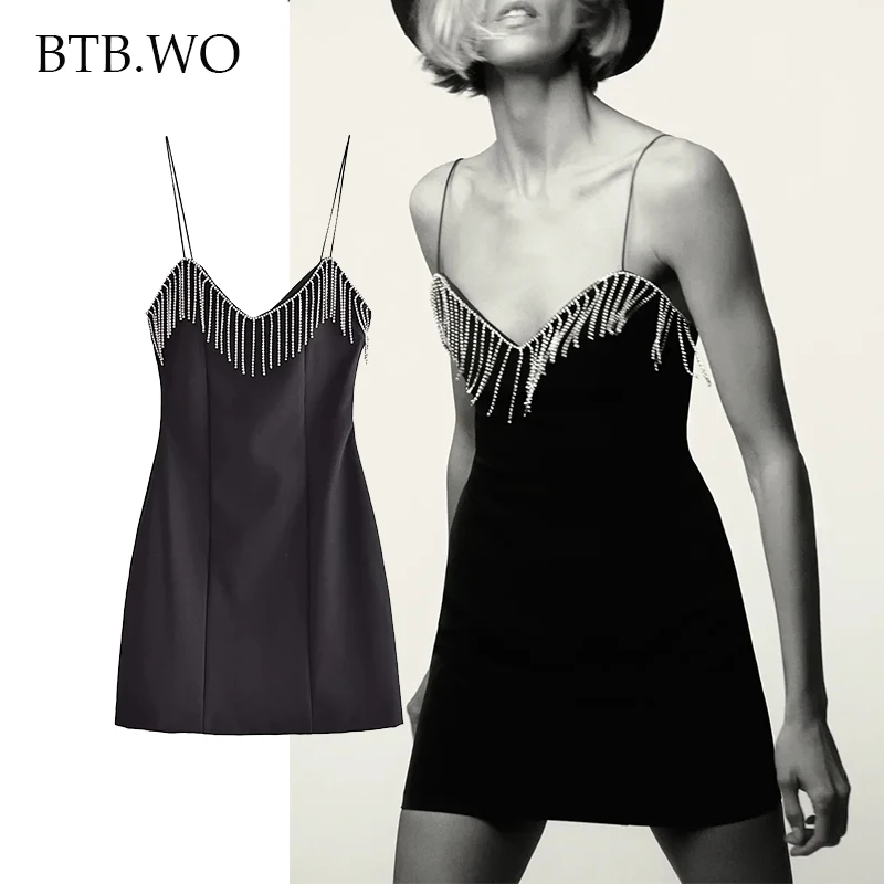 

Za Women Chic Fashion With Rhinestone Fringe Mini Dress Vintage Backless Vintage Thin Straps Backless Sexy Party Dresses