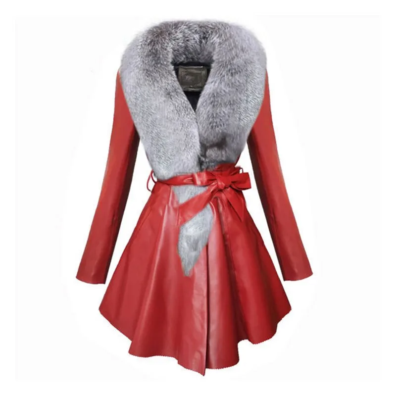 

Winter Belt Coat Women Fashion Slim Fit Pu Leather Faux Fox Fur Collar Female Long Jacket Plus Size 9XL Black/Red Warm Outerwear