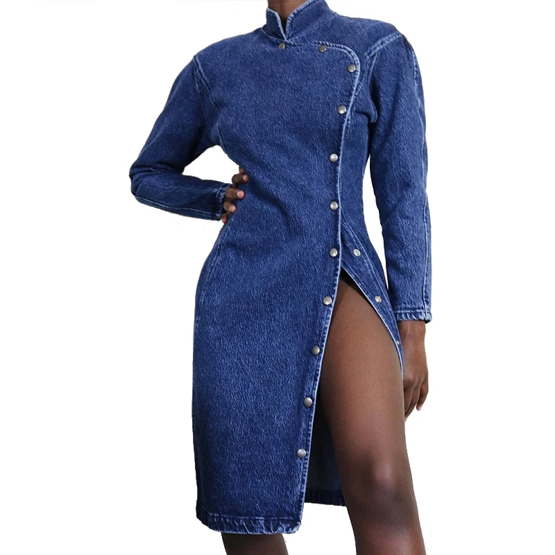 

2022 Fall Women jean Solid Button Summer Midi Sexy Sleeveless Ladies Office Causal Loose Denim Dress