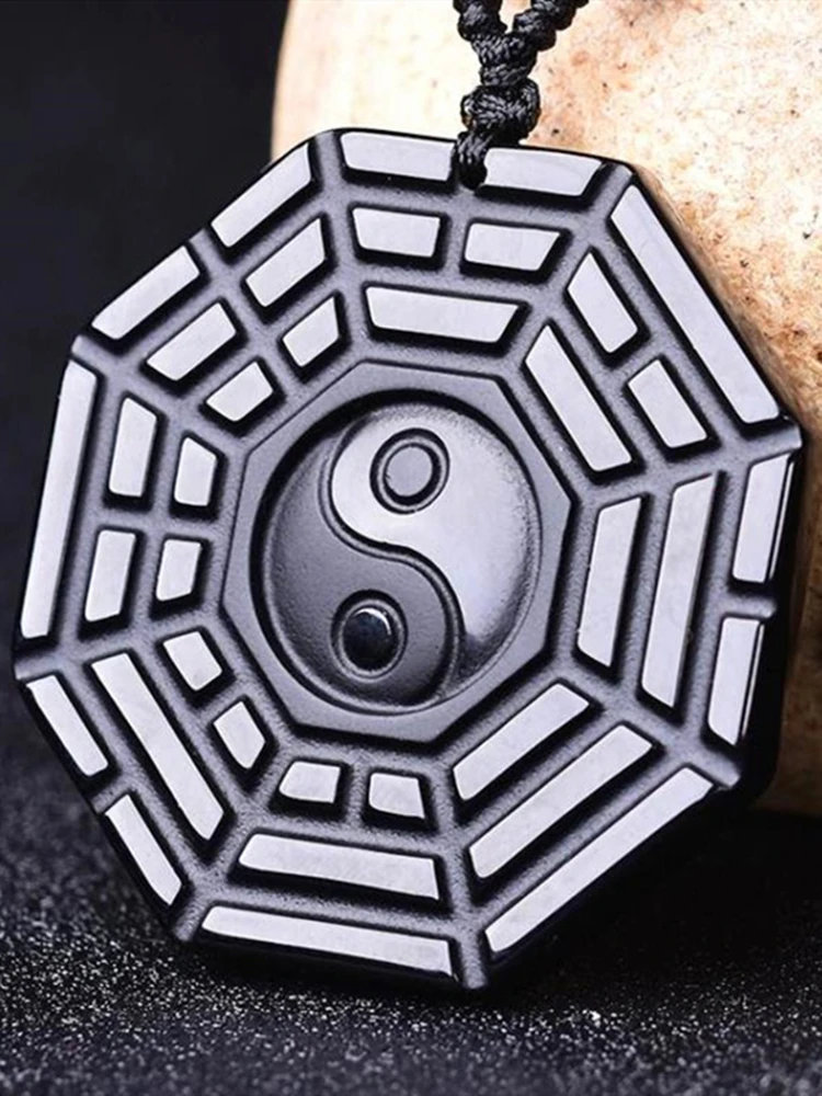 

100% Natural Black Obsidian Carved Chinese Faced BaGua Lucky Amulet Pendant + Free Necklace Fashion Crystal Fashion Jewelry