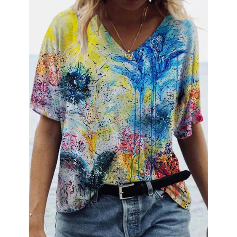 

T-shirt Tops Women 2021 Harajuku Printed Women's T-shirts Casual Short Sleeve V-neck Tshirt Street Style Tee Shirts Dropshipping