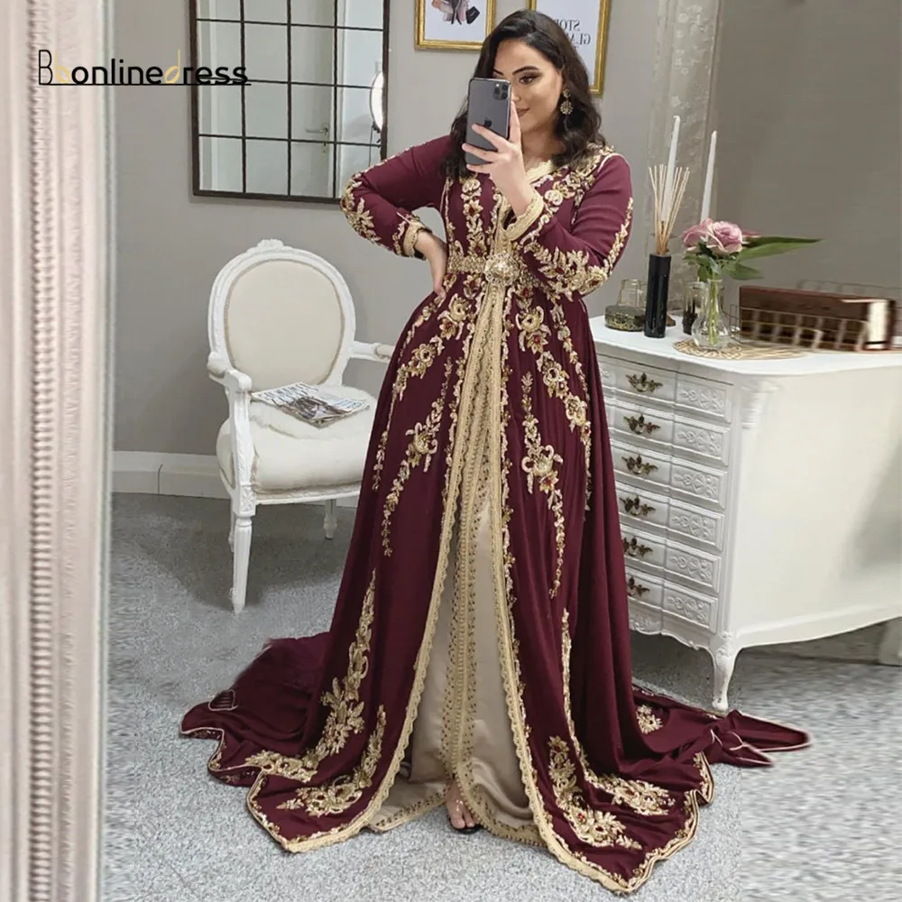 Элегантное марокканское вечернее платье Caftan Бордовое с вышивкой и бусинами