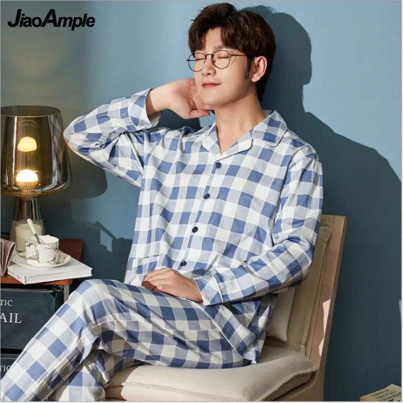Pajamas Men's Cotton Striped Long-sleeved Trousers Two-piece Pijamas Spring Autumn Loose Homewear Casual Nightie Sleepwear Set