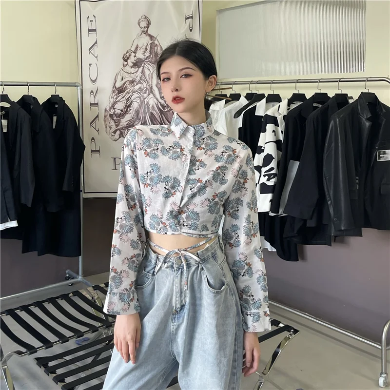

Autumn Harajuku Girly Streetwear Vintage Floral Printing Shirt Full Sleeve Bandage Casual Single Breasted Short Blouses Shirt