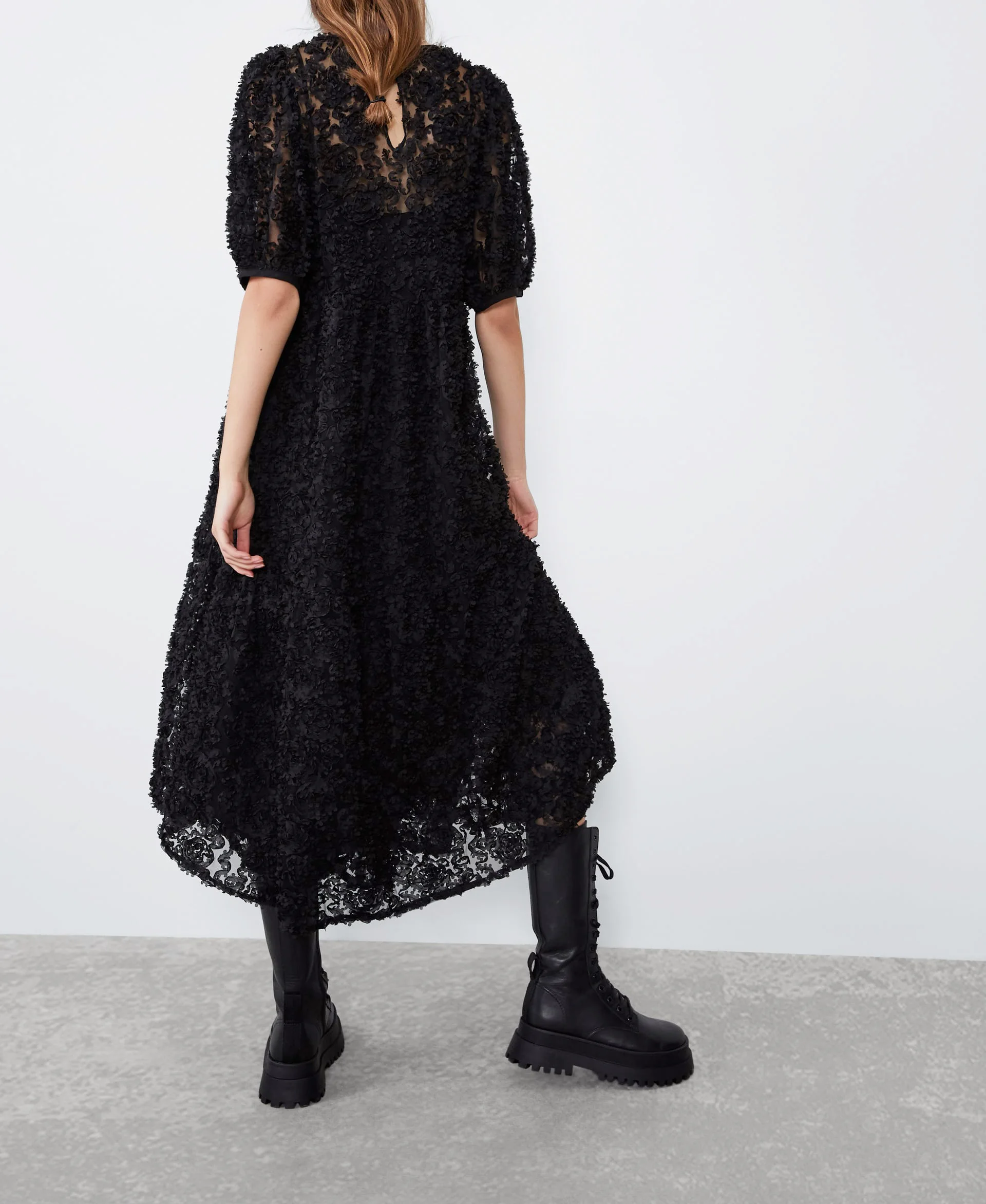 Star firefly casual western puff sleeve round neck openwork lace Za long dress female loose stitching dress women