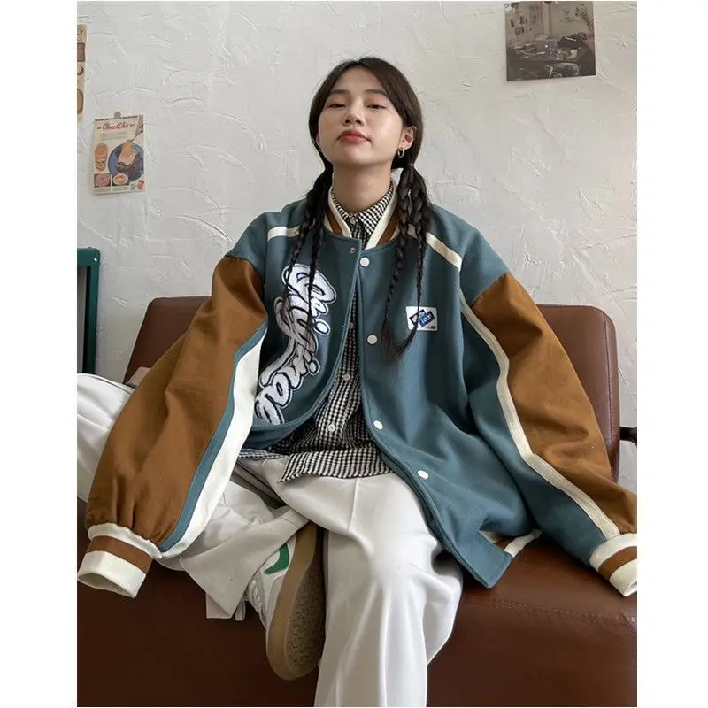 

Spring American Jacket For Women 2022 Korean Fashion New Loose Baseball Uniform Brand Contrast Retro Jacket Trend Versatile Chic