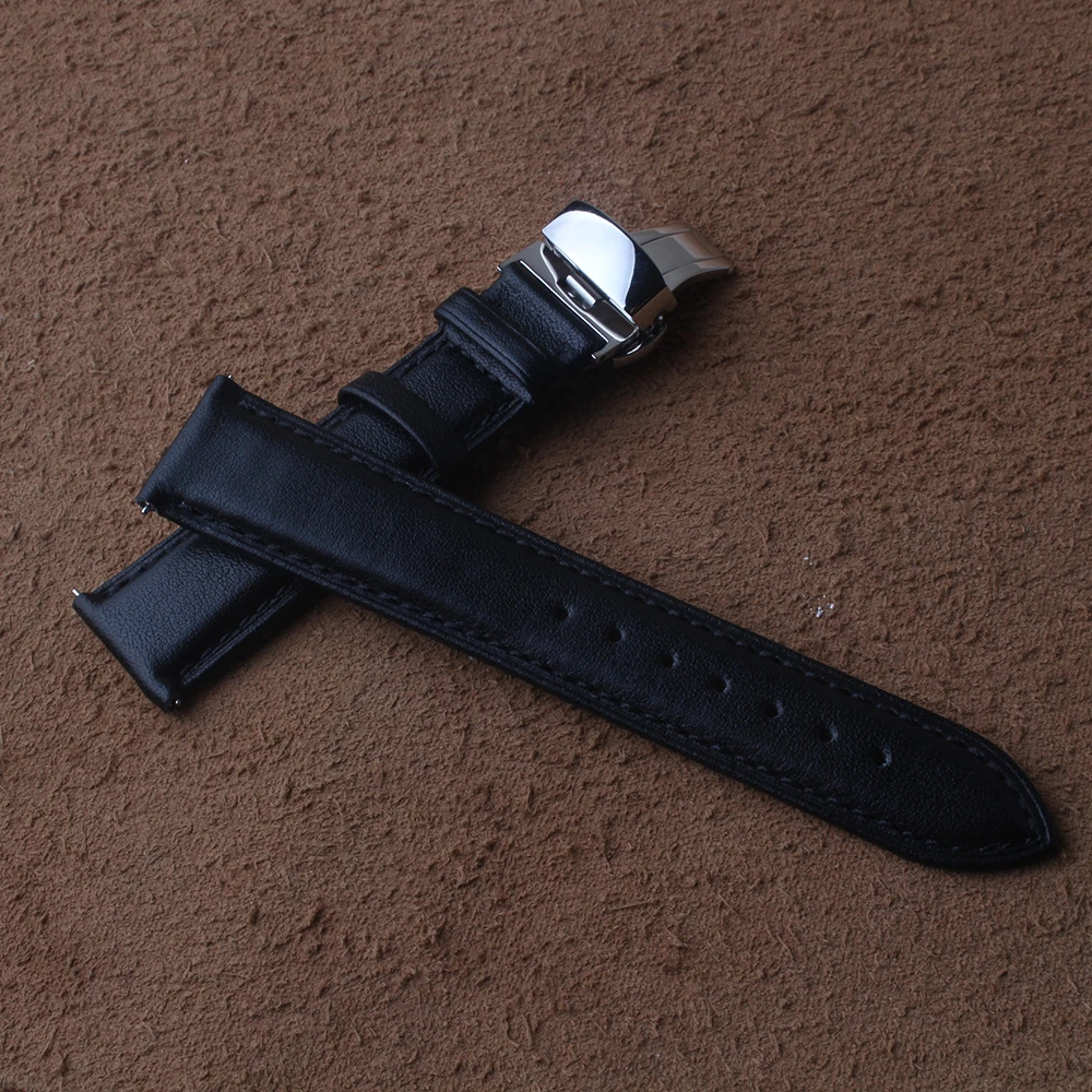 

Watchbands Metal Stainless steel Buckle Clasp Silver 14mm 16mm 18mm 20mm Genuine Leather Watchband smooth Black cowhide leather
