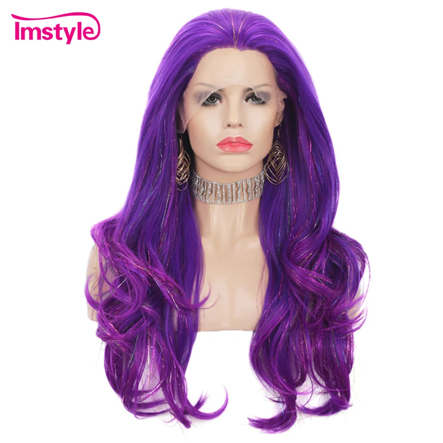 Imstyle Tinsel Wig Purple Synthetic Lace Front Wig Natural Wavy Long Wigs For Women Glueless Glitter Hair Party Wig Red Wigs