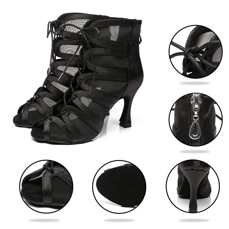 HROYL Professional Latin Dance Shoes For Women Heeled Shoes ZIP-Lace-Up Design Women's Ballroom Dancing Shoes Quality Sandals