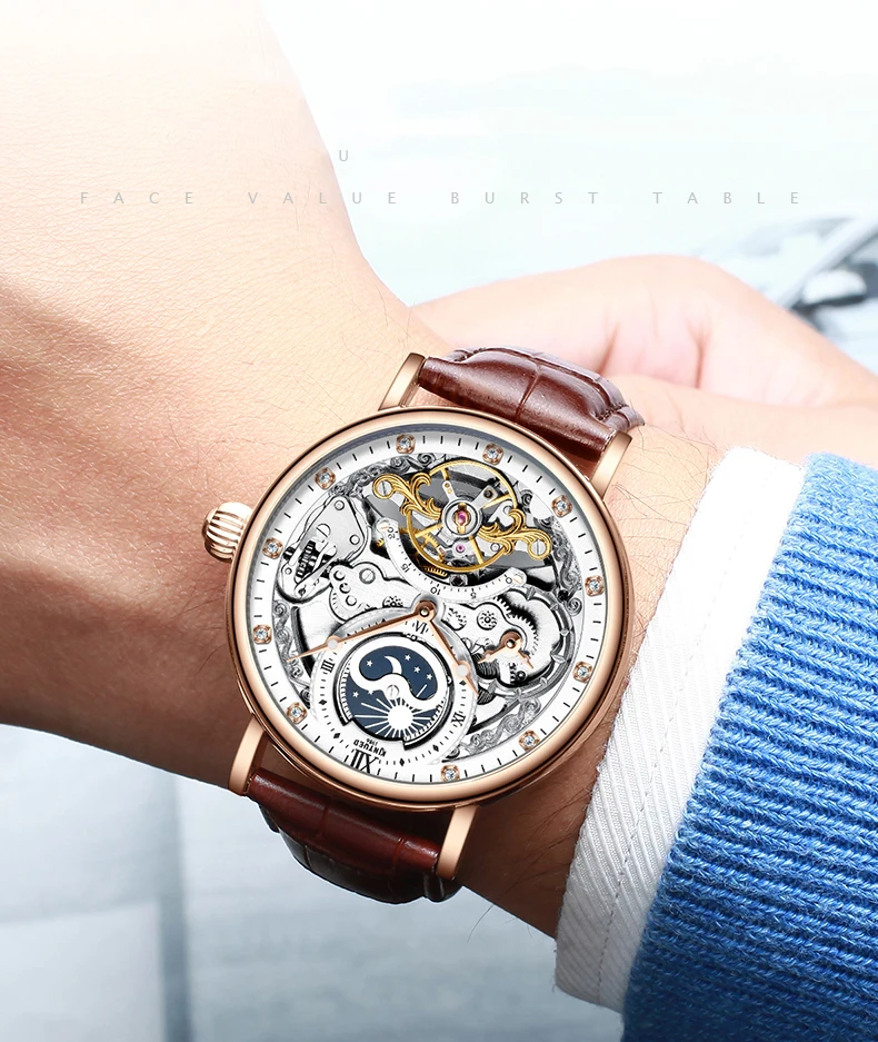 KINYUED, водонепроницаемые мужские Tourbillon часы с скелетом, лучший бренд, роскошные прозрачные механические часы с фазой Луны, спортивные мужские наручные часы