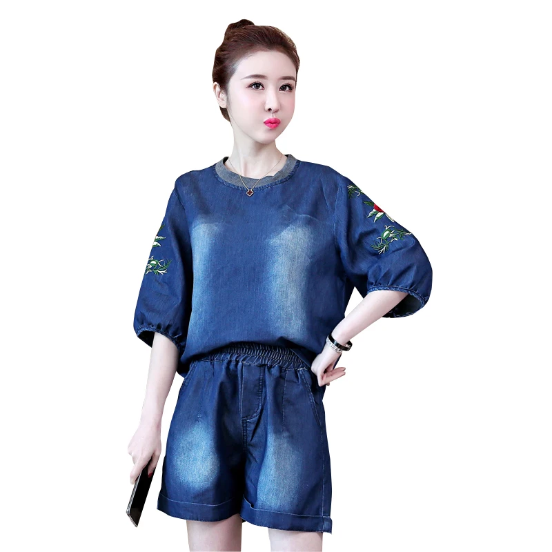 

Summer Plus Size Embroidered Short Sleeve Denim T shirt for Women