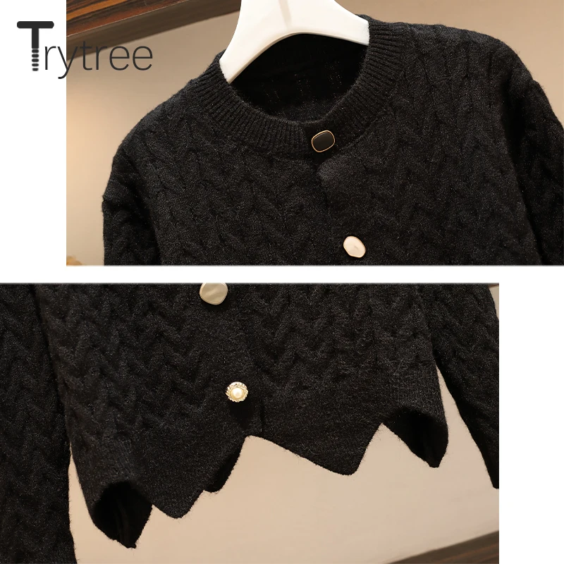 Trytree Autumn Winter Two piece set Casual O-neck Single Breasted Belt Top+ Skirt Elastic Waist Fashion Set 2 Piece Set