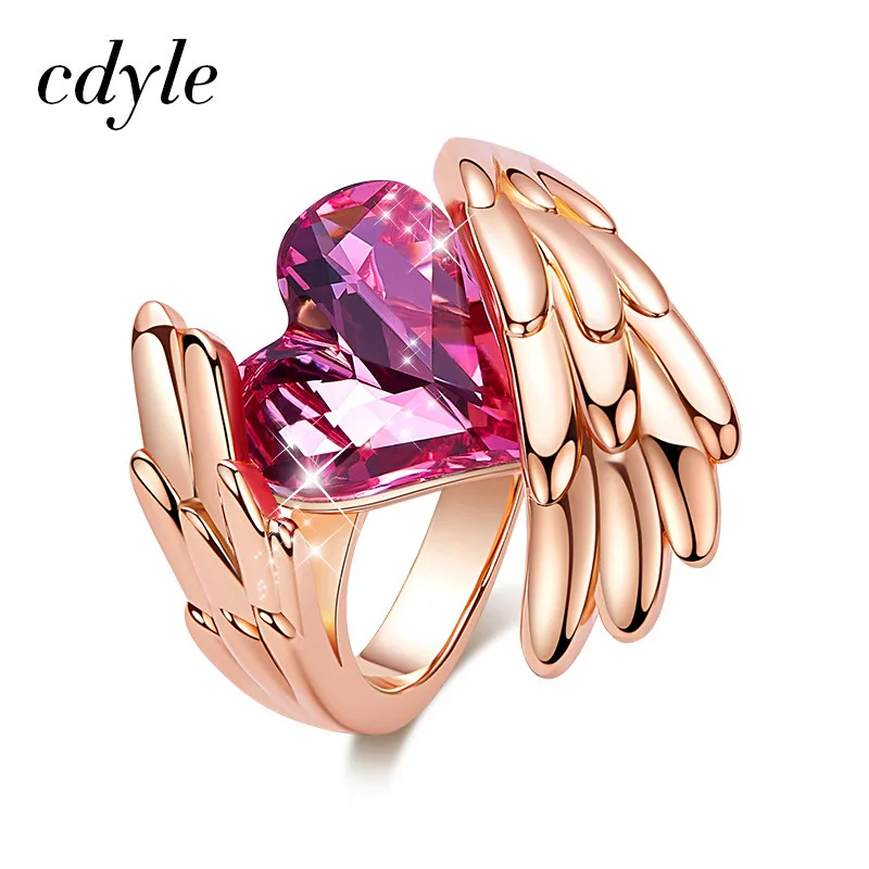 Pink Cdyle, женское золотое кольцо, украшенное кристаллами, крылья ангела, кольцо в форме сердца, свадебное кольцо на палец для женщин и девочек - Цвет основного камня: Pink