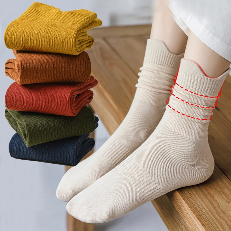 

1Pairs Japanese Korea High School Girls High Socks Loose Solid Colors Double Needles Knitting Cotton Fashion Long Socks Women