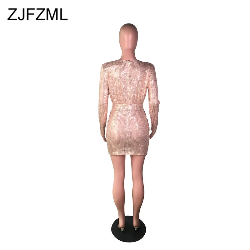 

Sexy Club Ruched Sequin Dressfor Women Deep V Neck Long Sleeve Wrap Mini Dress Fall 2021 High Waist Tie Up Bodycon Party Dress