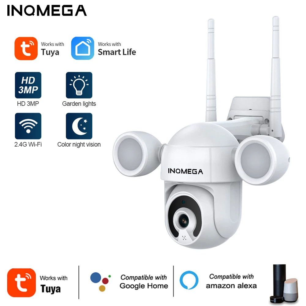 INQMEGA Tuya Smart life Floodlight Yardlight Security IP Camera 3MP Dual Lighting Two-Way Audio Support Google Home and Alexa