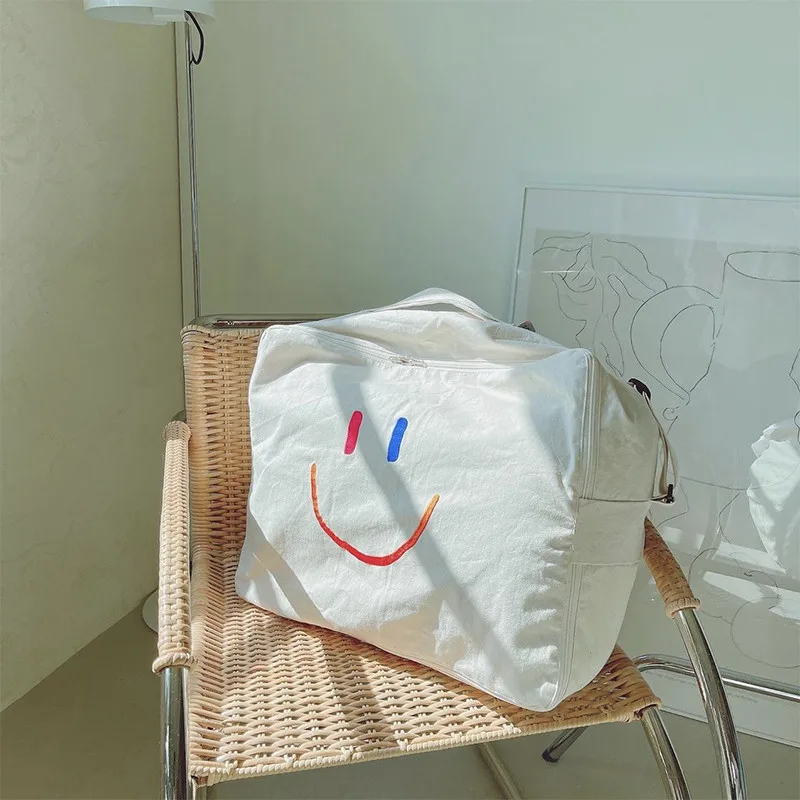 

Корейская сумка для хранения с вышивкой улыбки, холщовая мультяшная Детская сумка-Органайзер для игрушек, сумки, сумка для багажа, сумка