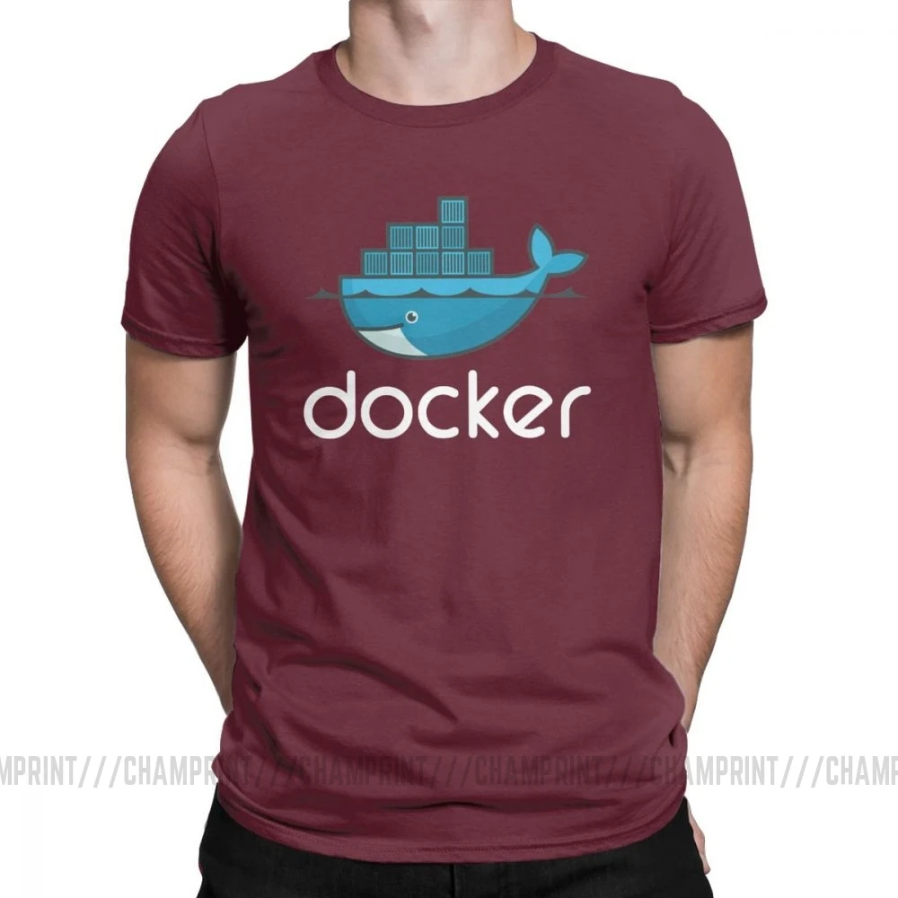 Мужская футболка с логотипом Docker, Linux, Javascript, компьютерная хлопковая одежда, Забавные футболки с коротким рукавом и круглым вырезом, графические футболки - Цвет: Бургундия