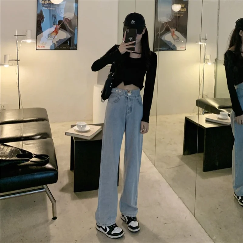 High Waisted Wide Leg Jean for Women Blue Denim Pant Loose Vintage Casual Long Female Trousers Jeans