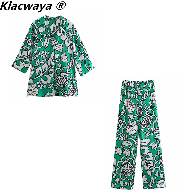 

Klacwaya Woman Fashion printed Suit Vintage Green Floral Summer Blouse Female High Waist Pants Drawstring Loose Trousers Sets