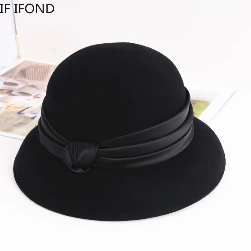 

British Retro 100% Wool Felt Fedora Hats For Women Winter Elegant Bowler Church Cloche Derby Hat Sombreros Mujer