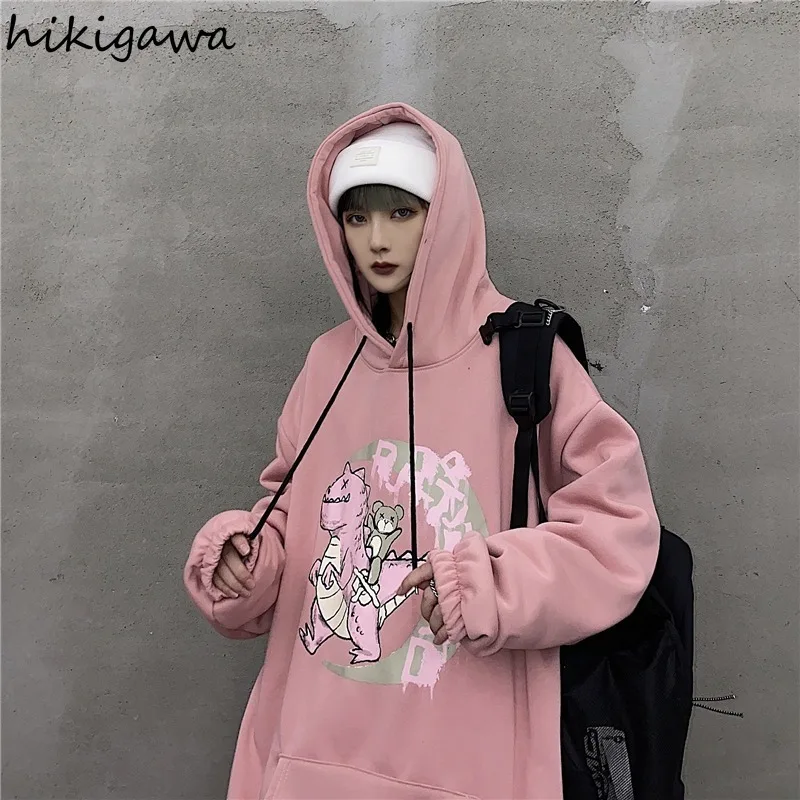 

Hikigawa Hoodies Women Korean Fashion High Street Cartoon Print Oversized Top Loose Hooded Thicked Sweater BF Sweatshirts 7z163