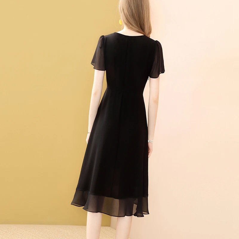 

Black Short Sleeve Dresses For Women Vintage Elegant Chiffon V-Neck Sexy A-line Dress Fashion Party Vestidos 2021 New