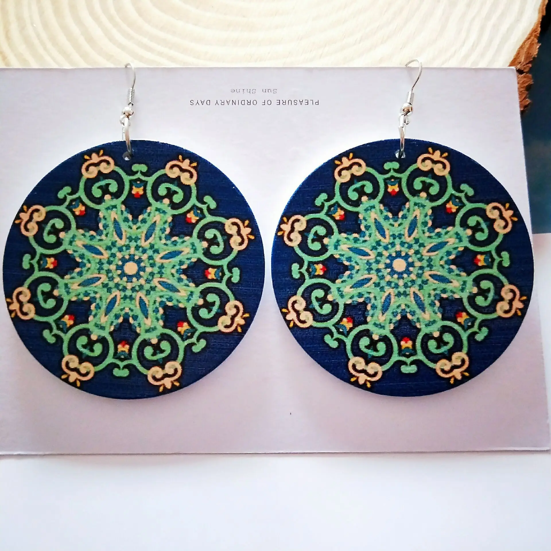 

New Style Wooden Earrings Geometric Circular Printing Wood Ethnic Style Women's Earrings