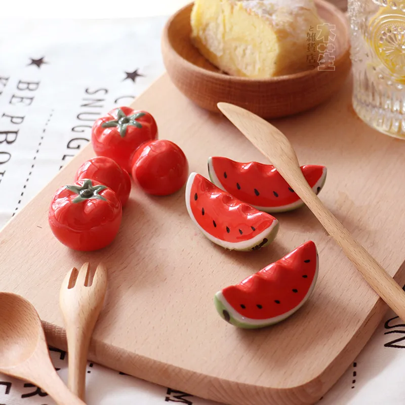 

4 Pcs Cute Red Watermelon/Tomato Ceramic Decorative Chopsticks Holder Rack Spoon Fork Rest Kitchen Tableware Japanese Style