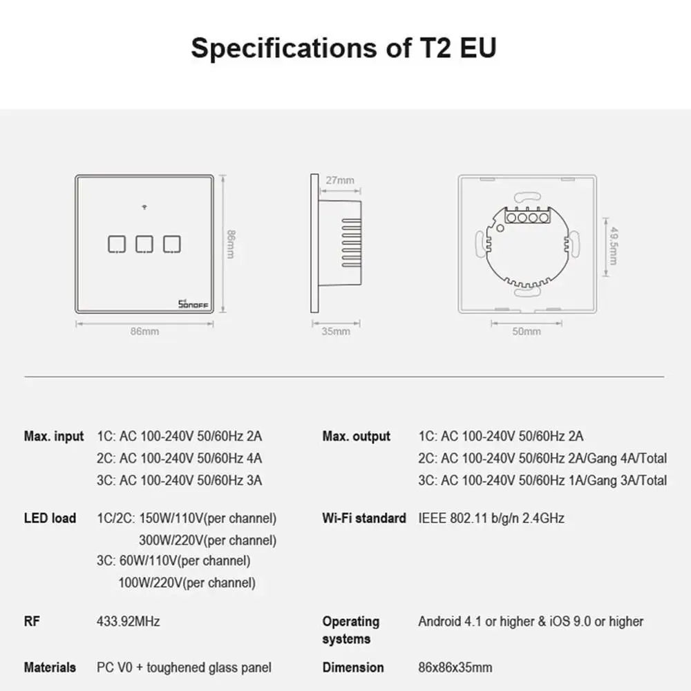 Интеллектуальный выключатель света SONOFF T2EU TX Smart Wi-Fi настенный сенсорный выключатель с границы умный дом 1/2/3 433 RF/Голосовое управление/приложение/сенсорный экран Cwhontrol работать с Alexa