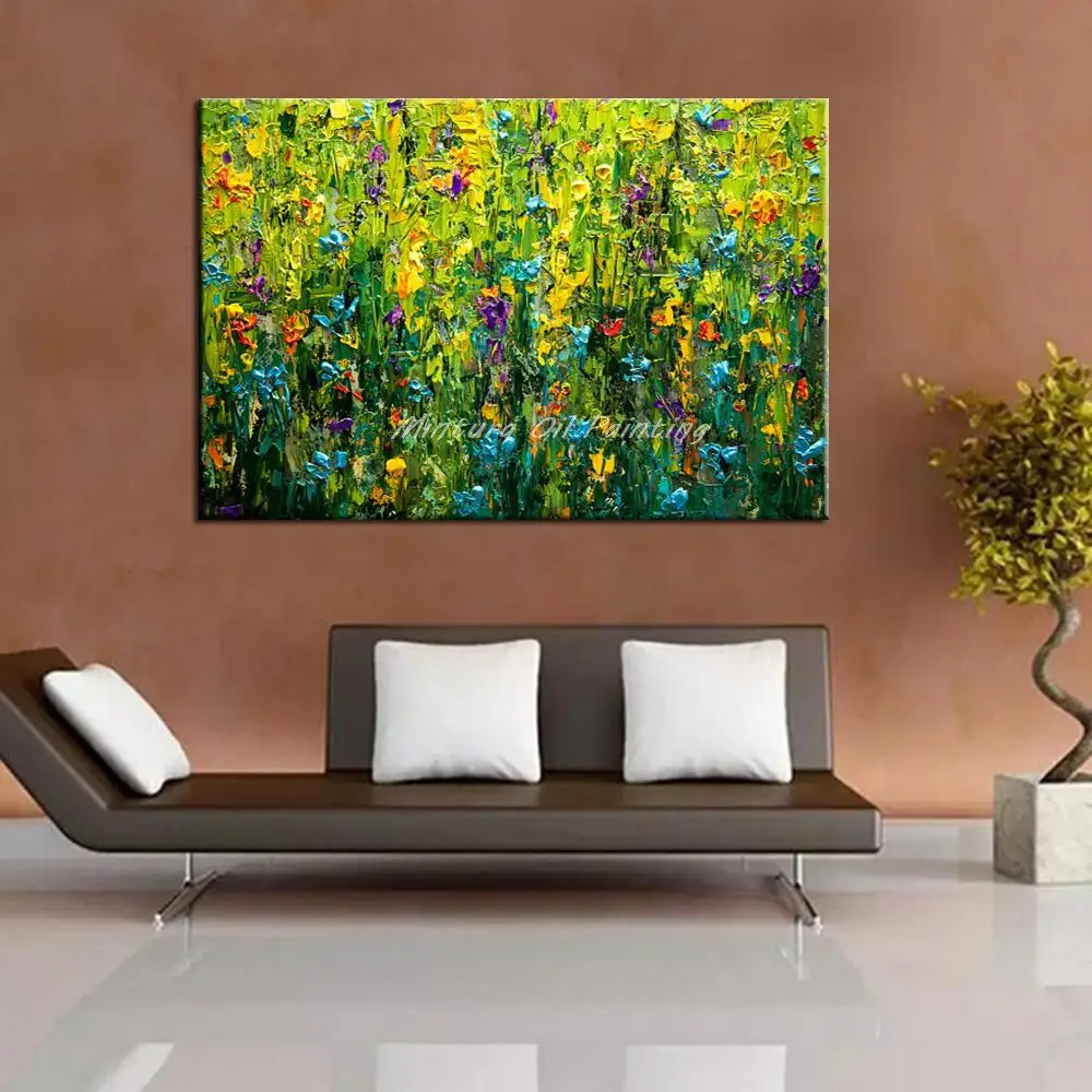 Минтура Ручная роспись на холсте маслом с густой текстурой абстрактных цветов травы для украшения стены спальни современное художественное изображение.