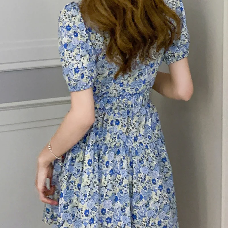 

2021 Summer New Fashion Print Slim Chiffon Dress Women Clothes Femme French Short Sleeve Vintage Mini Dress Vestidos De Mujer