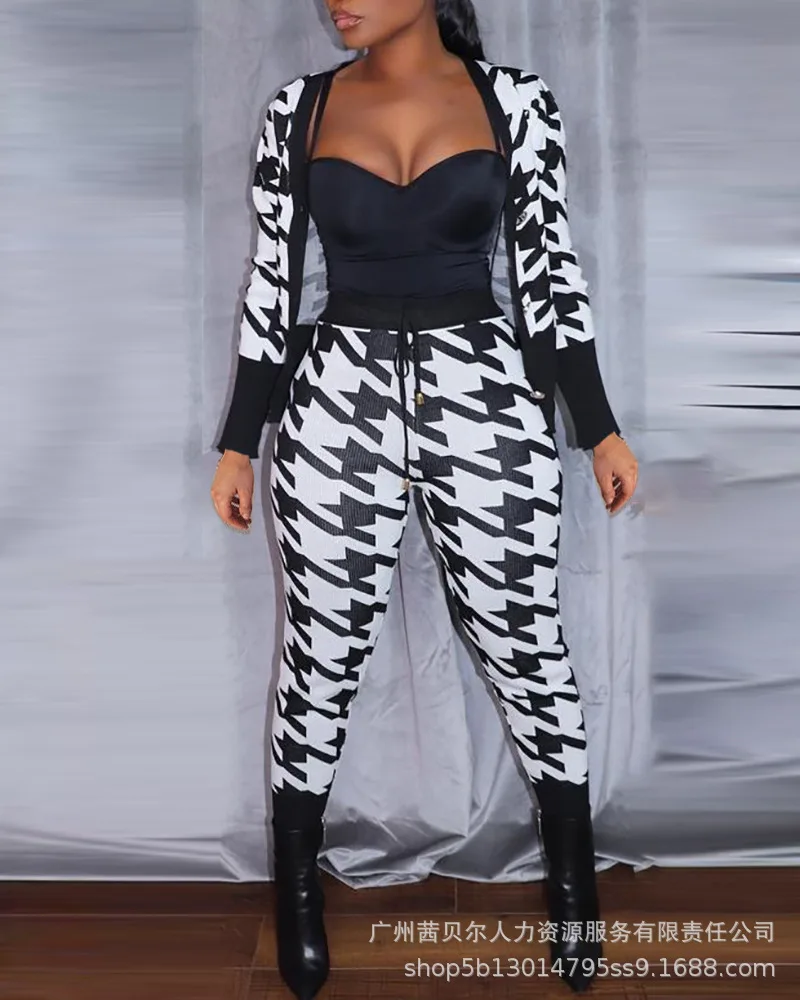 

2021 women's houndstooth suit long-sleeved casual cardigan jacket + tight-fitting high-waist lace-up trousers suit temperament