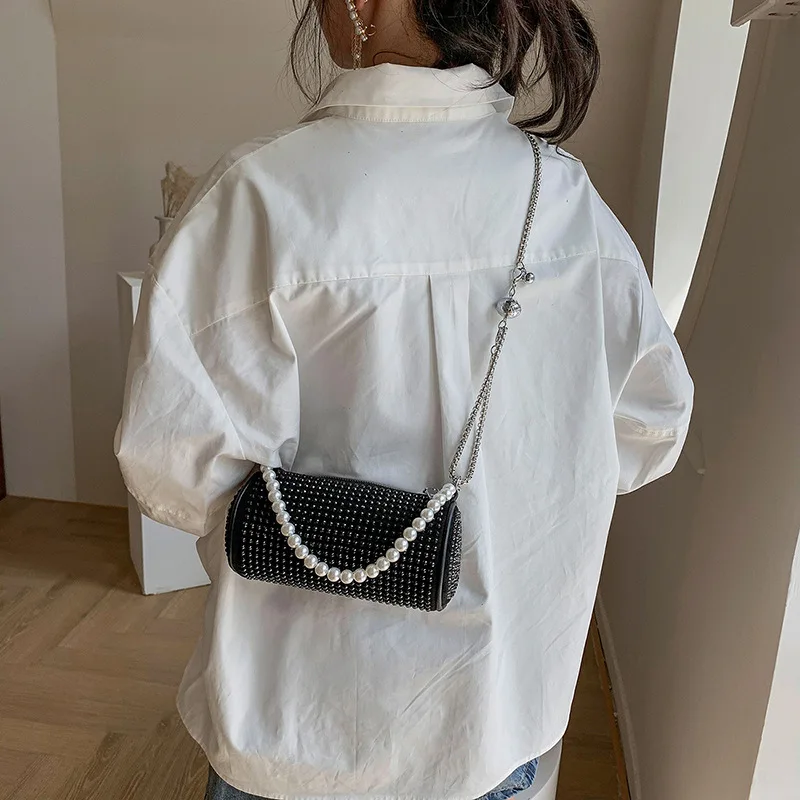 

Luxury Designer Pearl Chain Diamond Boston Underarm Bag Female Bag Fashionable Single Shoulder Bag All-match Pillow Handbags Cc