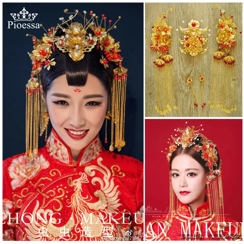 

Pioessa New Chinese ancient bride tiara headdress classical Phoenix hair comb crown step rocking Suit Wedding hair accessories