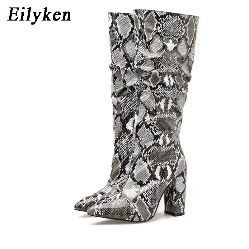Gray EilyKen/пикантные женские сапоги до колена на Высоком толстом каблуке, с острым носком, на молнии; зимние сапоги со складками - Цвет: Gray