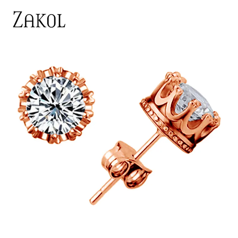 Rose Gold 6mm ZAKOL, модные ювелирные изделия, корона, женские классические блестящие циркониевые маленькие серьги-гвоздики, золотой цвет, шпильки для ушей для мужчин, серьги с кристаллами EP398 - Окраска металла: Rose Gold 6mm