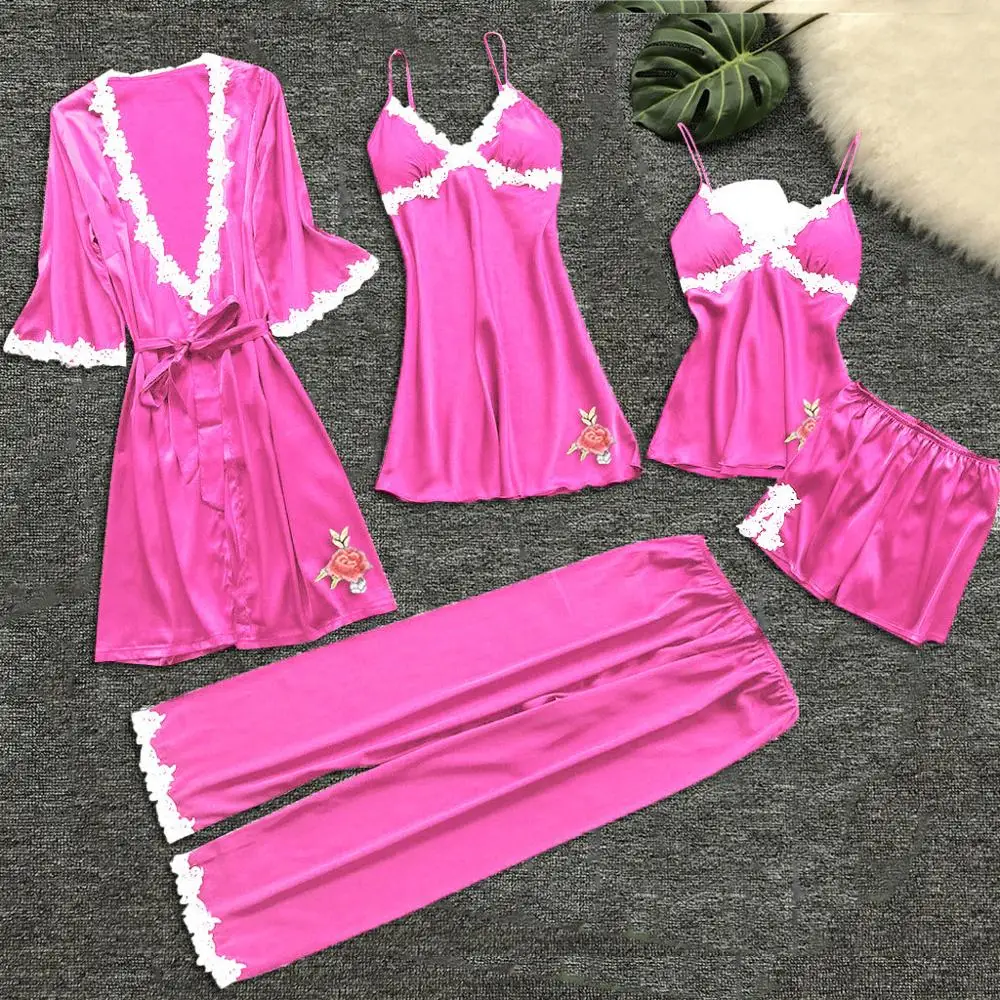 Пижама женская атласная из 5 предметов одежда для сна шелковая Домашняя пижама с