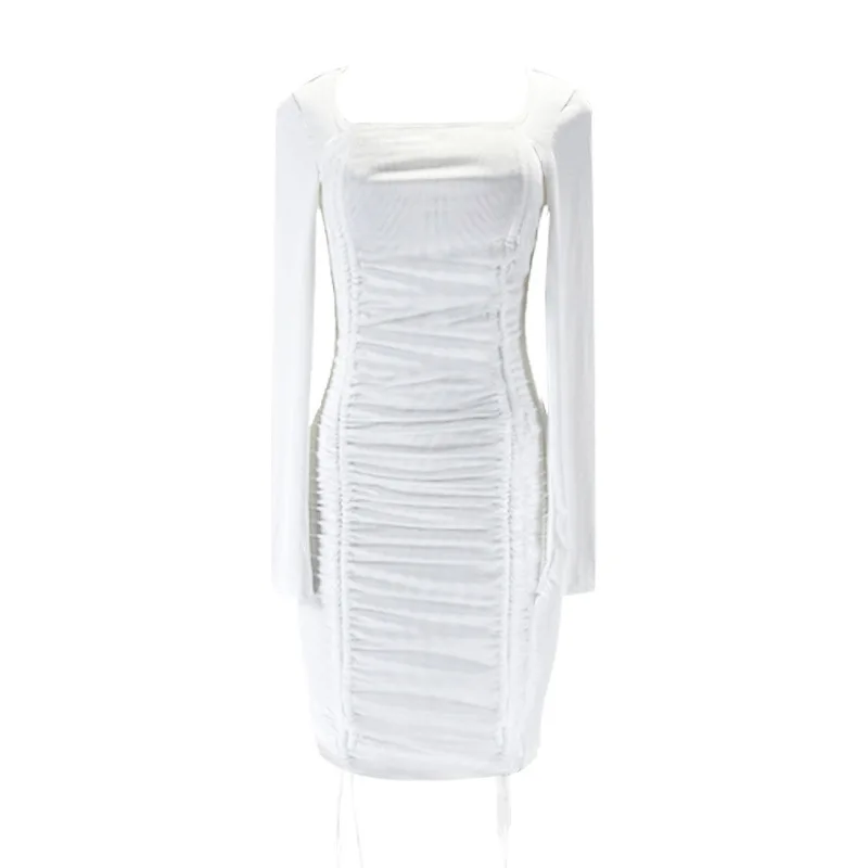

Womens Dress Fashionable Plain Double Ruched Drawstring Front Square Neck Long Sleeve Slim Fitted Mini Bodycon Dress
