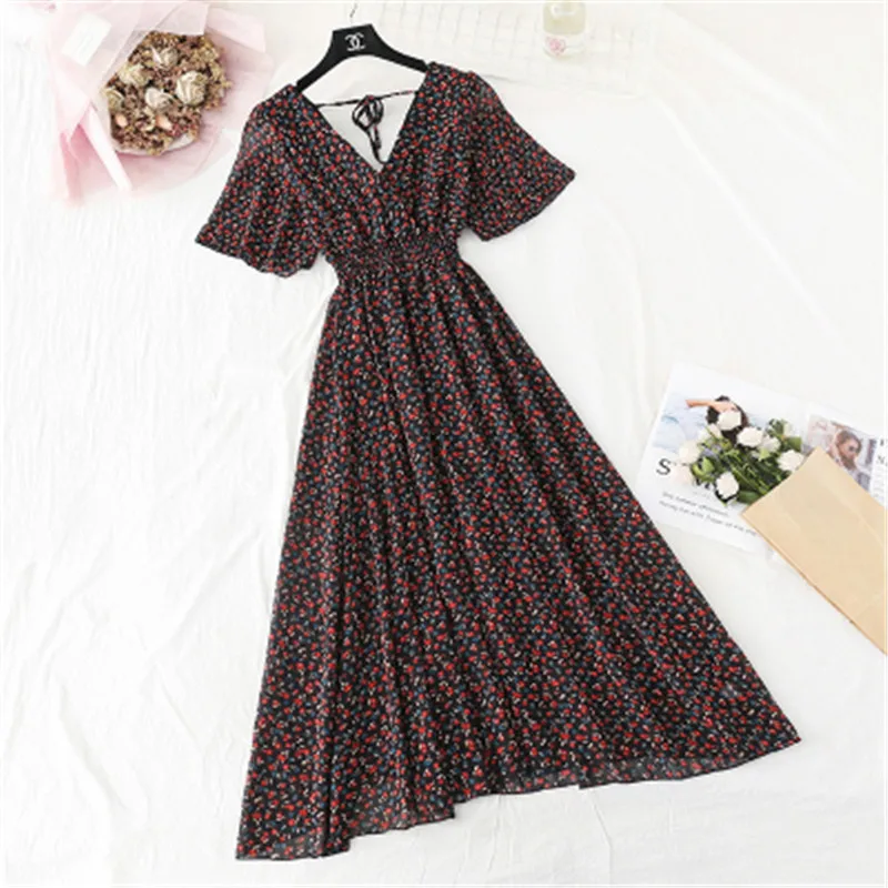 Женское шифоновое платье с оборками длинное облегающее коротким рукавом и V