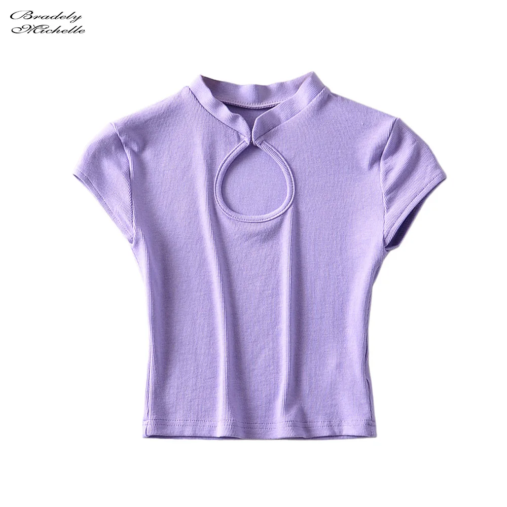 Модный сексуальный летний женский кроп-топ с вырезом облегающая футболка