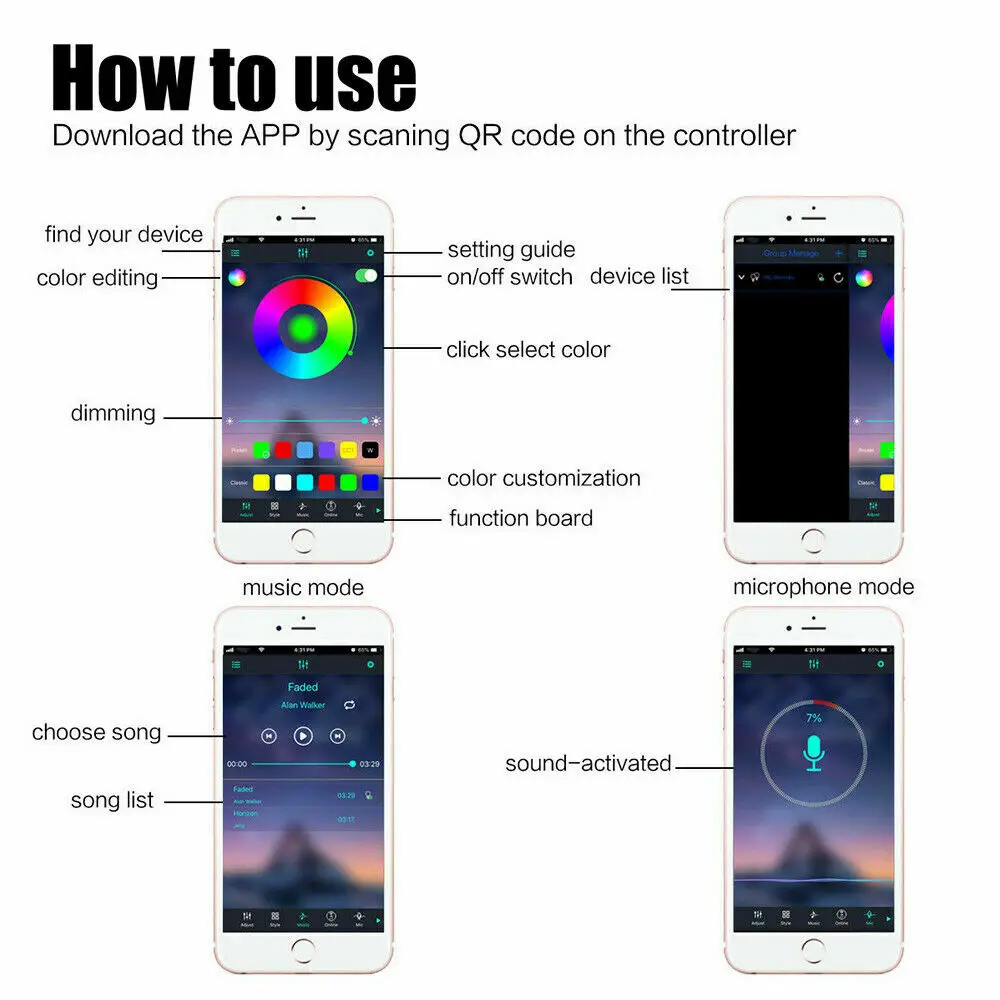 Светодиодная лента RGB с управлением через приложение по Bluetooth USB для фона