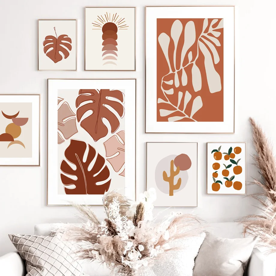 

Minimalist Sun moon Cactus Leaf Plant Abstract Wall Art Print Canvas Painting Nordic Poster Wall Pictures For Living Room Decor