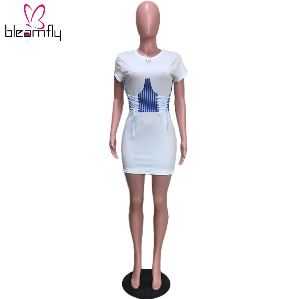 2019 женское летнее платье с коротким рукавом и О-образным вырезом на шнуровке