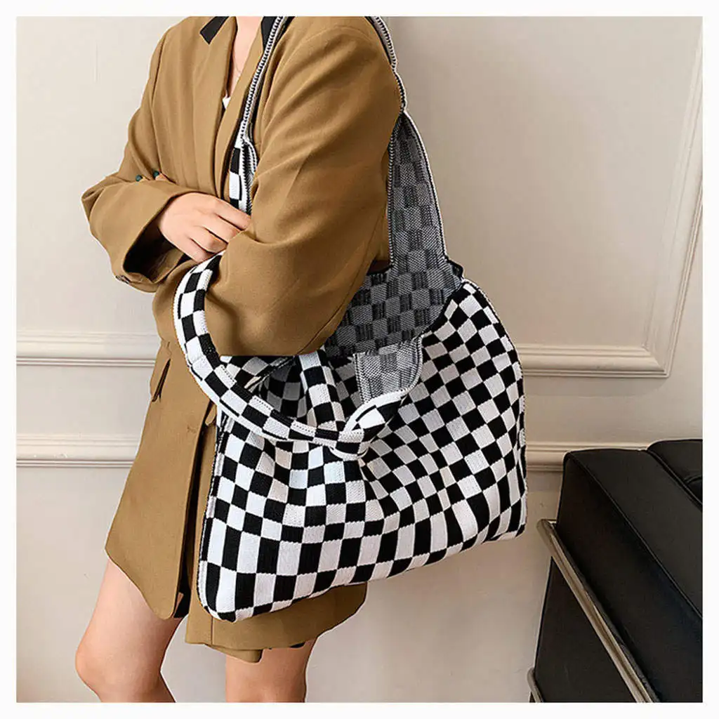 Tote Soft Simple Shopping Bag Large Capacity Casual Chic Checkerboard Women Knitted Shoulder Bag Handbag Books Bag