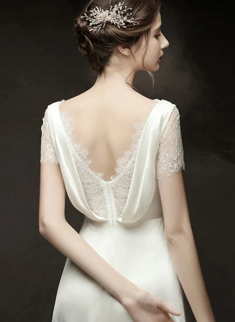 Винтажное атласное кружевное свадебное платье с коротким рукавом и v образным