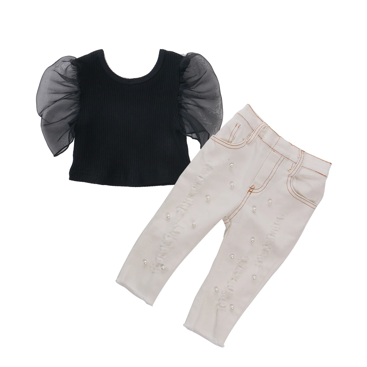 Summer Kids Girl Sets Clothing Fashion Mesh Puff Sleeve Black Crop Tops+Beads Holes Flare Pants Child Streetwear Outfits |
