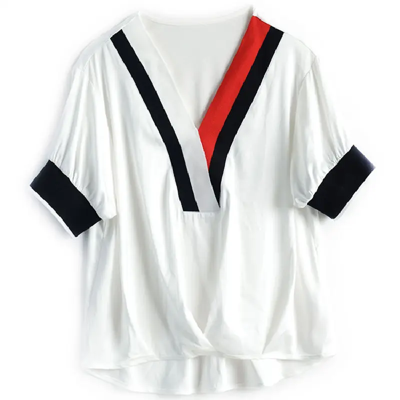 

Silk Top Women's Summer 2020 New White V-Collar French Short-Sleeved T-shirt