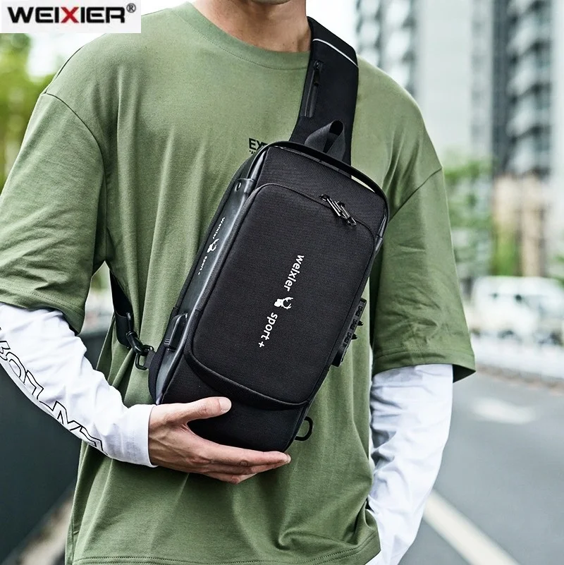 

WEIXIER Chest Bag Large Capacity Casual Cross Bag Men Bag Shoulder Bag USB Charging Waterproof Trendy Crossbody Travel Packs NEW