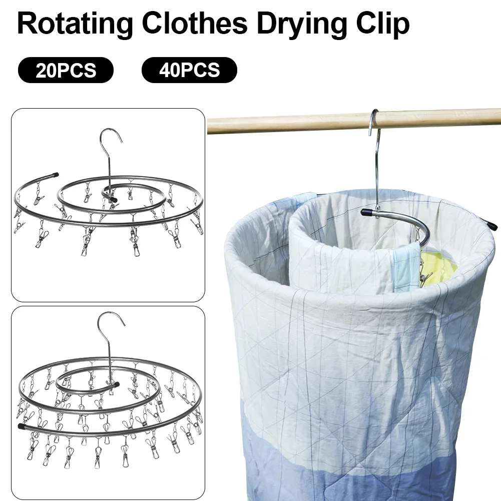 

Tainless Steel Laundry Drying Rack With Clips Clothespins Spiral Clothes Hanger For Drying Socks Towels Diapers 20/40Clips